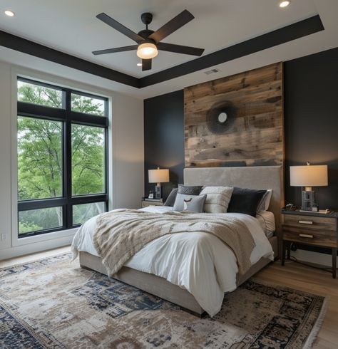 Log Cabin Interior Modern Master Bedrooms, Rustic Modern Guest Bedroom, Large Master Bedrooms Decor Modern, Rustic Elegant Bedroom Master Suite, Primary Bedroom Ideas Farmhouse, Modern Farmhouse Bedroom Decor Ideas, Bedroom Design Accent Wall, Interior Design Master Room, Open Concept Bedroom