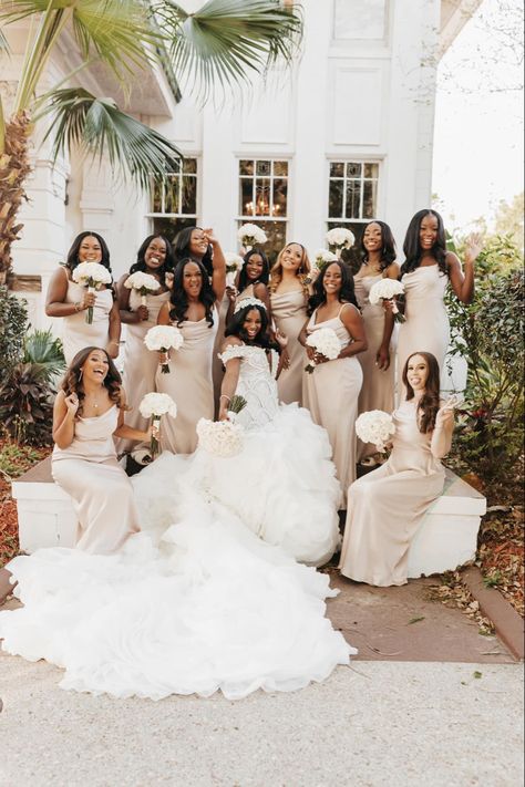 Cream Wedding Bridesmaid Dresses, Black Bride And Bridesmaids, Shades Of White Wedding Theme, Cream Satin Bridesmaid Dresses, Cream Bridesmaid Dresses Black Women, White And Gold Bridal Party, Black White And Neutral Wedding, Champagne Bridesmaid Dresses Black Women, Bridesmaid Black Women