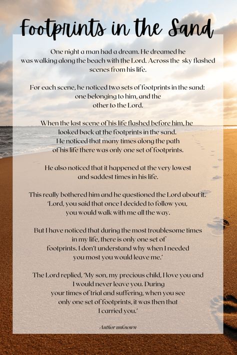 Footprints in The Sand Poem: One Night a Man Had a Dream... - Finding The Fearless Life One Set Of Footprints In The Sand, Footsteps In The Sand Poem, Footprints In The Sand Tattoo, Footprint Poem, Foot Prints In The Sand, Footprints Poem, Footprints In The Sand Poem, Kiss Stories, Footsteps In The Sand