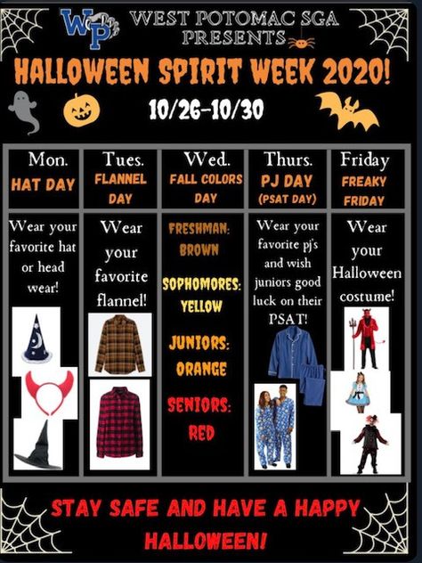 Preschool Halloween Spirit Week, Halloween Spirit Days For School, Spirit Week October, Fall Student Council Ideas, Super Hero Spirit Week Ideas, Halloween School Fundraising Ideas, October Pta Ideas, Halloween Spirt Week Ideas School, Fall Spirit Week Ideas For School