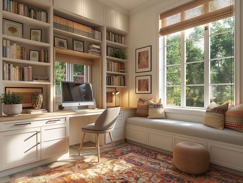 My Images Home Office Built Ins Bookshelves Around Window, Window Seat Desk, Bookshelves On The Wall, Home Office With Window, Reading Nook Small, Desk Boho, Light Wood Accents, Room With Bookshelves, Bedroom Reading Corner