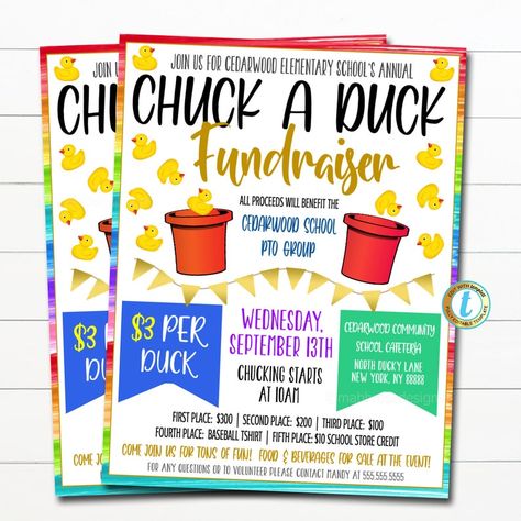 Chuck a Duck Fundraiser Flyer, Duck Throwing Contest Flyer, School Pto Pta Church Charity Fundraiser, Duck Derby Race Flyer, DIY EDITABLE - Etsy Cash Cow Fundraiser, Fun Run Fundraiser, Themed Fundraiser Events, Rubber Duck Fundraiser, Fundraiser Party Themes, Games For Fundraising Events, Student Council Fundraisers, Chuck A Duck Fundraiser, Preschool Fundraising Ideas