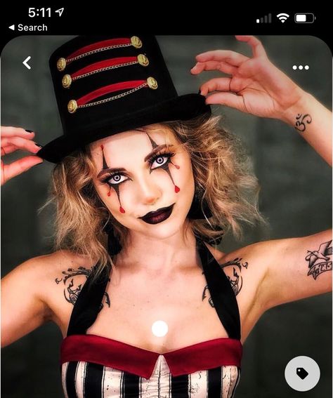 Clown Makeup Woman Halloween, Ring Mistress Halloween Makeup, Circus Costume Makeup, Ringmaster Halloween Makeup, Creepy Circus Makeup, Creepy Carnival Makeup, Freakshow Halloween Costume, Ringmaster Makeup Halloween, Creepy Ringmaster Makeup