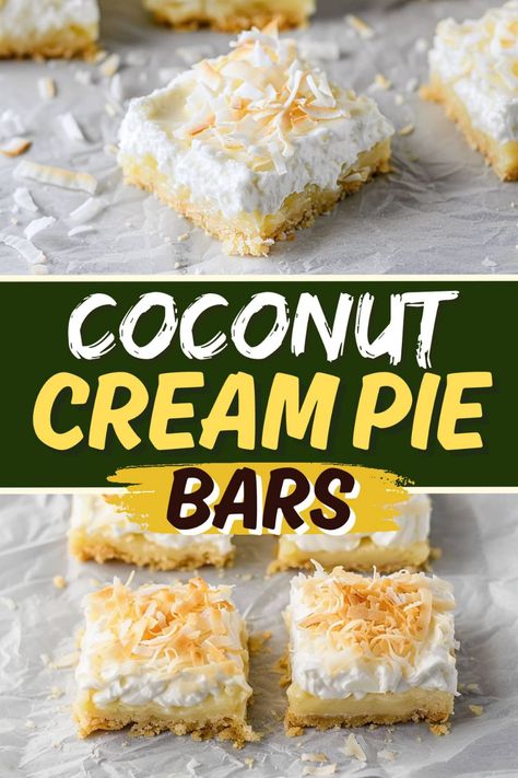 The next time you're craving something buttery, creamy, and wonderfully tropical, make these dreamy coconut cream pie bars! Coconut Pie Bars, Cocnut Cream Pie, Coconut Cream Bars, Balls Dessert, Coconut Cream Pie Bars, Coconut Cream Pie Recipes, Coconut Custard Pie, Pecan Rolls, Slab Pie