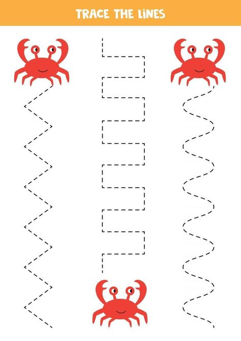 Crab tracing lines. Handwriting practice with sea animals. Ocean Theme Preschool Activities, Animals And Habitats, Shape Worksheets For Preschool, Ocean Theme Preschool, Shapes Worksheet Kindergarten, Kids Handwriting Practice, North American Animals, Tracing Lines, Handwriting Activities