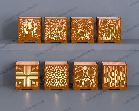 Laser cut candle holder bundle. Includes SVG, Glowforge, CNC, vector, lantern, DXF cut plans. #lasercut #candleholder #glowforge #cnc #vector #lantern . #Glowforge_Table #3d_Business #Laser_Ideas #Wooden_Candle_Holders Metal Laser Cutwork Designs, 3d Business, Laser Ideas, Wooden Candle Holders, Candle Holder Decor, Laser Cut Files, Different Patterns, Autocad, Vector Graphics