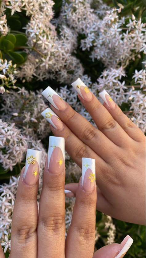 French tip with gold decals ✨ French Tip Acrylic Nails Gold Accent, White Vacay Nails, White French Tip With Gold Accent, Gold Decal Nails, White French Tip Nails With Design Summer, Gold Outline French Tip, White French Tip Summer Nails, Hold French Tip Nails, White French Tips With Gold Line