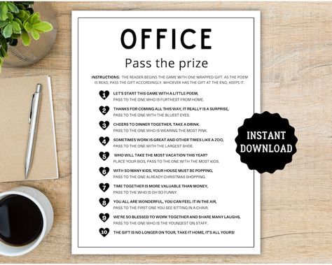 Office Pass the Prize Office Party Games Work Games Office Games Games for Work Icebreaker Games Team Building Games Printable - Etsy Dental Office Guessing Games, September Office Activities, Games To Play At Work With Coworkers, Staff Ice Breakers Team Building, Fall Activities For Workplace, Staff Games At Work, Work Games Offices Fun, Staff Games For Teachers, Office Games Ideas