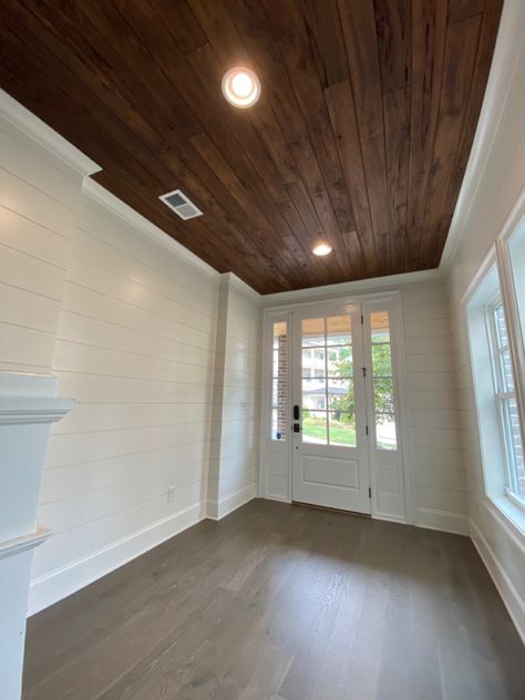 Pecky Cypress Shiplap White Dove Wood Ceiling With White Trim, Tongue And Groove Ceiling With Crown Molding, Cathedral Ceiling Wall Decor, Stained Shiplap Ceiling, Shiplap Attic, Crawford Ceiling, White Shiplap Ceiling, Sunroom Interior, Panelled Ceiling