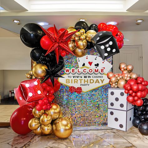 PRICES MAY VARY. 【Casino Balloon Garland Arch Kit】Our red black and gold balloons ncludes 124pcs latex balloon (color in Black, Red , metallic gold. size in 5inch, 10inch,12inch，18inch with 2pcs 22inch dice balloon+ 2pcs exploding star balloons), 3pcs balloon arch accessories. Glue dots,ribbons,arch strip for DIY Balloon arch kit. 【FANCY DESIGN】The color scheme of our party decorations feature Red, metallic Gold and Black colors, making for an eye-catching and mysterious party atmosphere,Perfect Red Bottom Party Theme, Casino Night Party Favors, Las Vegas Balloon Decor, Black And Gold Casino Theme Party, Casino Balloon Decor, Casino Balloon Arch, 50th Casino Birthday Ideas, Balloon Arch For Men, Casino Balloon Garland