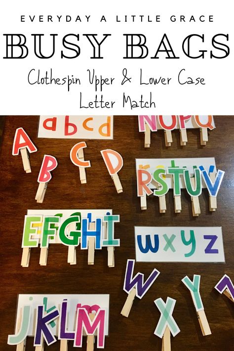 Busy Bag Series 👜: Clothespin Upper & Lower Case Letter Match – Everyday a Little Grace Clothes Pin Letter Matching, Clothespin Letter Matching, Preschool Clothes Pin Activities, Alphabet Clothespin Activities, Clothes Pin Activities Kindergarten, Lower Case Letter Activities For Preschool, Upper Lower Case Letter Match, Lower Case Letter Activities, Matching Upper And Lower Case Letters