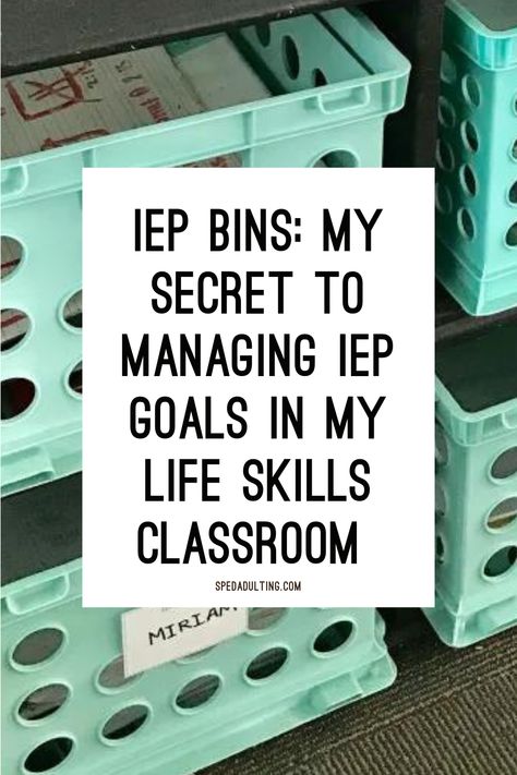 Iep Binder Organization, Tracking Iep Goals, Special Education Must Haves, Middle School Classroom Decorating Ideas Special Education, Student Work Organization, Asd Classroom Setup, Iep Goal Bins, Special Education Classroom Must Haves, Special Needs Classroom Setup