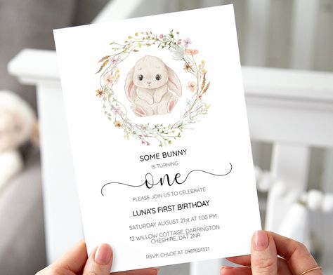 Some Bunny Is Turning One Invitation, Bunny Theme Birthday Party Decor, First Birthday Girl Invitations, Bunny First Birthday Girl, Birthday Bunny Theme, Bunny Birthday Invitations, Bunny Birthday Decorations, Birthday Moodboard, Bunny Birthday Theme