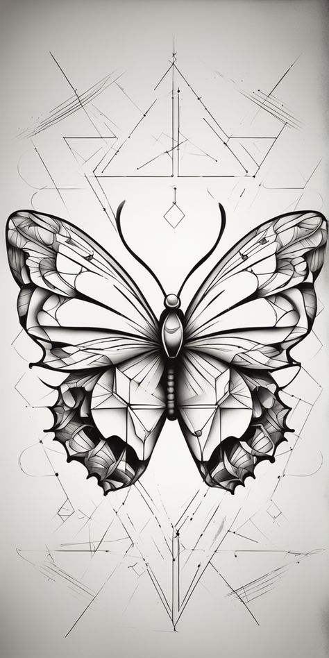 A black and white image showcasing a geometric style butterfly tattoo design. The striking pattern is characterized by sharp, angular lines and shapes, depicted on a blank canvas. Geometric Butterfly Tattoo, Butterfly Tattoo Design, Geometric Butterfly, Lines And Shapes, Butterfly Tattoo Designs, White Image, Blank Canvas, Butterfly Tattoo, Tattoo Design