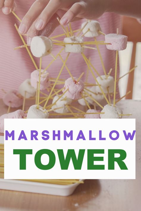 Super simple marshmallow engineering STEM challenge for learning about strong shapes, centre of gravity and teamwork. Spaghetti Marshmallow Challenge, Engineering For Kids, Spaghetti Tower, Marshmallow Challenge, Stem Engineering, Engineering Challenge, Team Building Games, Edible Crafts, Stem Challenge