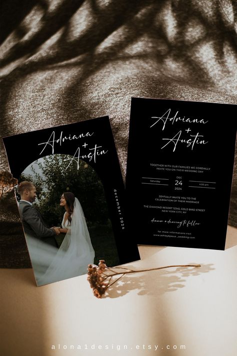 Classy Wedding Invitations With Picture, Black Wedding Invitations With Photo, Wedding Invitations Modern Elegant, Photoshoot Invitation, Wedding Invite With Photo, Black And White Invitations Wedding, Black Wedding Invitations Classy, Photo Invitations Wedding, Wedding Website Ideas