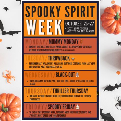 October Dress Up Days, Halloween Spirit Week Ideas For Daycare, Fall Spirit Week Ideas For Workplace, Halloween Spirit Week Ideas For School, Underground Spirit Week For Teachers, Halloween Spirit Week Ideas For Work, Fall Spirit Week Ideas, Pct Nurse, Homecoming Themes Spirit Weeks