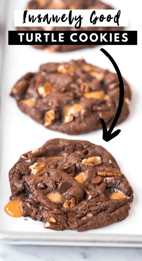 These insanely delicious turtle cookies start with a chocolate batter and are loaded with caramel pieces, pecans, and chocolate chips. Chocolate caramel cookies are soft & chewy plus look at those puddles of caramel! Ready to eat in 30 minutes, you don’t have to chill the cookie dough! #turtlecookies #cookies #christmascookies #nochillcookie Chocolate Turtle Cookies, Turtle Cookies Recipe, Caramel Pecan Cookies, Chocolate Caramel Cookies, Chocolate Turtle, Turtle Cookies, Caramel Cookies, Chocolate Caramel, Snickerdoodles