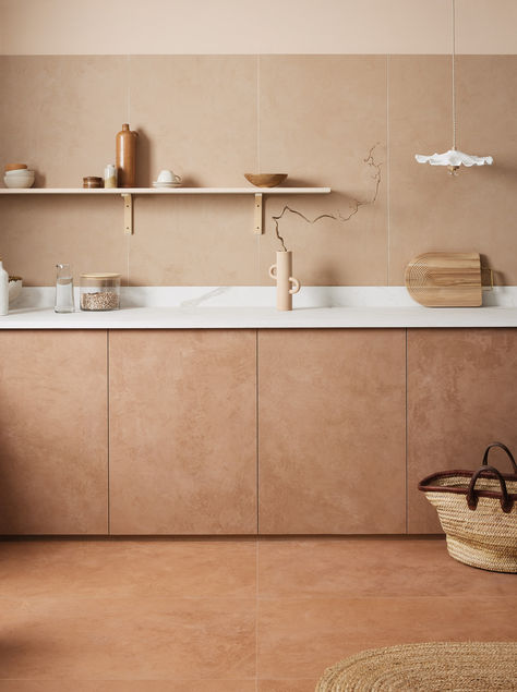 This clever porcelain collection brilliantly replicates plaster finishes for a raw, earthy feel that adds both colour and a sense of texture and movement. Lovely for walls or floors, the series has five colours, all available in a 60x60 format. Three shades are shown in this colour washed kitchen: Manin on the wall, Chiodo on the units and Paglia on the floor. Terrazzo Marble, Shower Rooms, Mandarin Stone, Self Build Houses, Natural Pigments, Hexagonal Mosaic, Pinkish Red, Tile Grout, Kitchen Wall Tiles