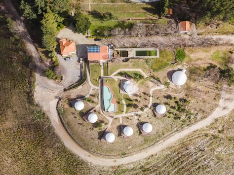 Eight spectacular sites that redefine glamping design across the world - Aerial view of the Natura Glamping, Portugal | STIRworld Camping Landscape Design, Glamping Layout, Temazcal Ideas, Camping Site Design, Glamping Landscape Design, Glamping Site Plan, Glamping Site Layout, Glamping Resort Layout, Glamping Landscape