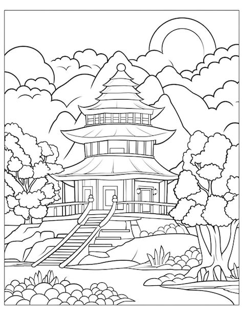 Japan Coloring Pages, Tree Garden Design, Hipster Drawings, Garden Coloring Pages, Japan Country, Festival Image, Japan Trip, Chinese Garden, Architecture Illustration