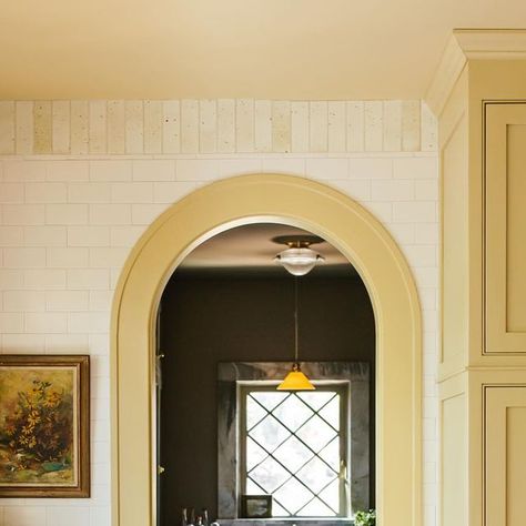 Kristin Karch on Instagram: "This whimsical yellow kitchen ☀️, photographed in March for @themisfithouse" Buttercream Yellow Paint, Yellow Trim Interior, Butter Yellow Paint, Warm Yellow Paint Colors, Best Yellow Paint Colors, Yellow Hallway, Yellow Painted Furniture, Colonial Colors, Painted Window Frames