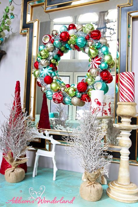 Aqua Christmas, Teal Christmas, Turquoise Christmas, Retro Christmas Decorations, Red Christmas Decor, Holiday Home Tour, Christmas Tree Shop, Home Tours, Christmas 2019