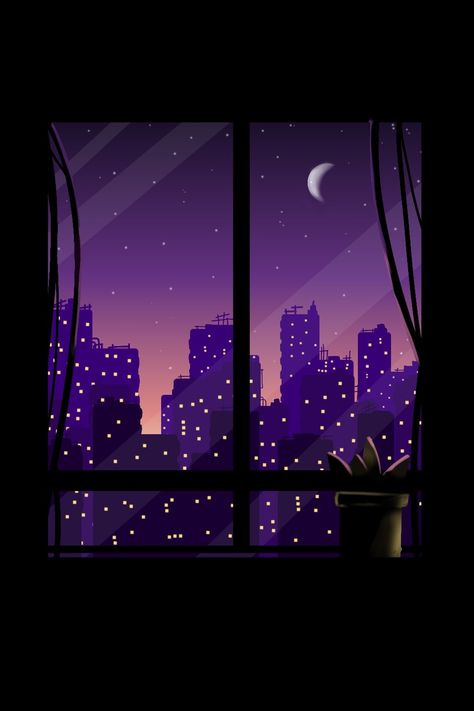 Night Window Illustration, Moon Window Night, Night View Drawing, Looking Out Window Drawing, Night View Painting, Purple Scenery, Room Aesthetic Dark, Outside Window, Night Window