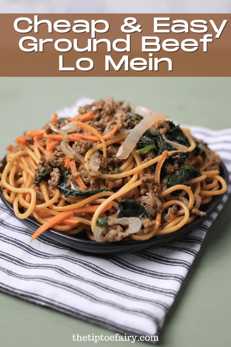 Try this super easy and yummy ground beef lo mein. With a quick and easy recipe that cost less than $20 to feed the whole family, you'll have dinner on the table in a flash! Ground Beef Chow Mein Recipe, Ground Beef Lo Mein, Easy Beef And Noodles Recipe, Beef Lo Mein, Beef Chow Mein, Chow Mein Recipe, Lo Mein, Ethnic Food, Noodles Recipe