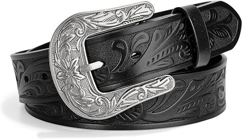 WOWOGO Western Belts for Women Men Cowboy Cowgirl Floral Engraved Leather Belt Strap Vintage Embossed Buckle at Amazon Women’s Clothing store Western Belts For Women, Country Belts, Cowgirl Belt, Belt For Jeans, Cowboy Belt Buckles, Jeans West, Cowgirl Belts, Cowboy Gifts, Country Cowgirl