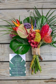 Tropical Silk Flower Arrangements, Small Tropical Wedding Bouquets, Tropical Hand Bouquet, Tropical Flowers For Wedding, Lavender Tropical Wedding, Palm Leaf Bridesmaid Bouquet, Tropical Flowers Wedding Decor, Beach Wedding Flowers Tropical Bridal Bouquets, Modern Tropical Wedding Flowers