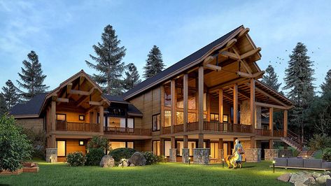 House Plan 81916 - Craftsman, Log Style House Plan with 10754 Sq Ft, 5 Bed, 9 Bath, 4 Car Garage Aspen Lodge, Lodge Style Home, Rustic Mountain Homes, Luxury Cabins, Friends House, Flat Rock, Mountain House Plans, Craftsman Style House Plans, Lodge Style