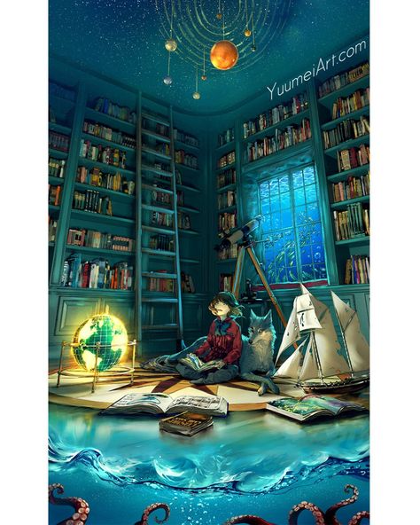 Wenqing Yan on Instagram: “From the depth of the ocean  To the limitless sky Open a book, open your mind This world is boundless So let your imagination fly ---- An…” Sacheen Littlefeather, Yuumei Art, Wow Art, 판타지 아트, Fantasy Illustration, Drawing Tutorials, Book Shelf, Anime Scenery, Fantasy World