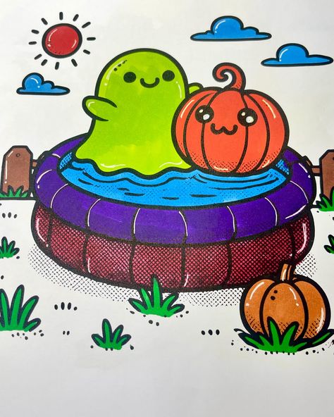 I just finished this cute page. Love coloring ❤️ Summerween coloring book bt @leonyhappybook #spookyseason #summerween #halloween #halloweencoloring #coloringforadults Spooky Funny, Childrens Books Activities, Happy Books, Fashion Toys, Halloween Coloring, Baby Games, Halloween Art, Pharmacy Gifts, Book Activities