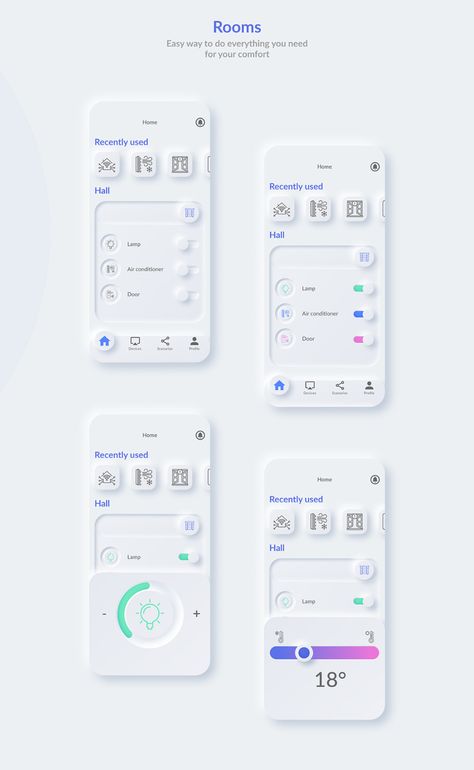 Smart Home. Neumorphism app concept on Behance Mobile Home Screen Design, Minimal Ui Design, Ui Ux 디자인, Illustration Minimal, Ux App Design, App Design Layout, Android App Design, Ui Design Trends, Mobile Ui Patterns