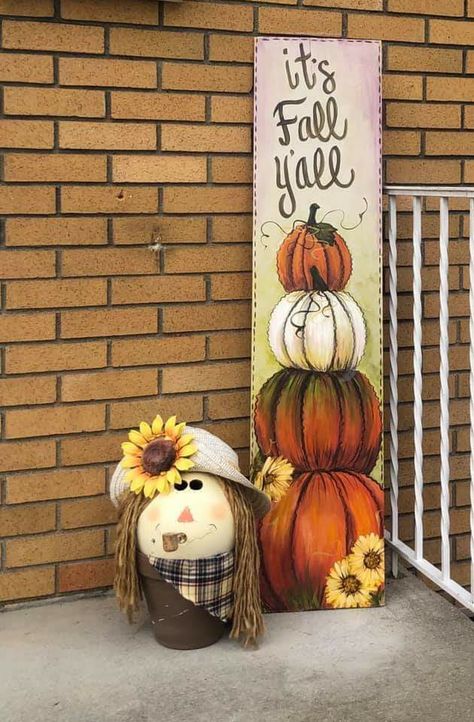 Fall Decor Painted On Wood, Fall Pallet Painting Ideas, Pumpkin Porch Leaner, Pumpkin Porch Signs, Fall Front Porch Signs Wooden Diy, Autumn Porch Signs, Fall Painted Signs On Wood, Fall Porch Leaners Diy, Scarecrow Porch Leaner