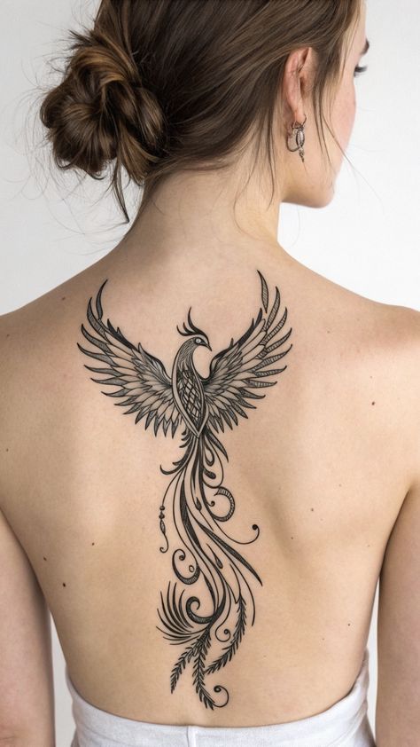 Rise from the ashes with a phoenix rising tattoo that's perfect for mythological fans and symbolic tattoos. This design represents rebirth, renewal, and transformation. #PhoenixTattoo #MythologicalTattoo #SymbolicTattoo #TattooMeaning #PhoenixRising Phoenix Rising Tattoo, Rising Tattoo, K Tattoos, Phoenix Tattoo Sleeve, Phoenix Back Tattoo, Rebirth Tattoo, Female Sleeve Tattoo, Rising Phoenix Tattoo, Small Phoenix Tattoos