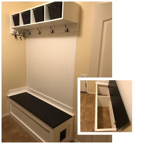 Mudroom Bench with Litter box Space! #litterbox #cats #mudroom #bench Bench Design Ideas, Cat Litter Box Ideas, Litter Box Ideas, New Yorker Loft, Hiding Cat Litter Box, Hidden Litter Boxes, Bench Design, Mudroom Laundry Room, Litter Box Furniture