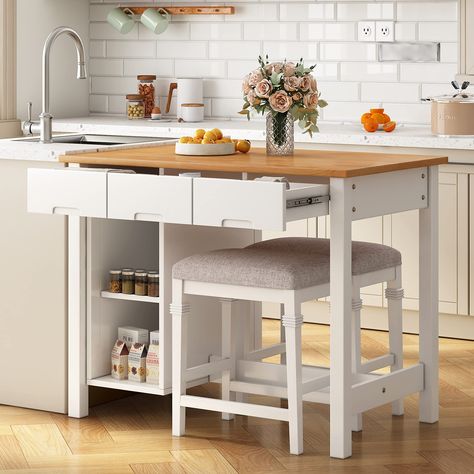 PRICES MAY VARY. Bellemave Farmhouse 3-piece 45" Stationary Rubber Wood Kitchen Island Set with 2 Seatings, Butcher Block Dining Table Set Prep Table Set with 2 Shelves and 3 Drawers for Small Places,WhiteSpecificationProduct Name: Kitchen Island with Seating for 2MaterialTabletop: RubberwoodTable/Stool Legs: RubberwoodStool Cushion: linen fabric+foamPieces Included: 1 Kitchen Island +2 StoolsAssembly Required: YesAdditional Tools Required: All Tools IncludedCountry of Origin: VietnamProduct War Butcher Block Dining Table, Farmhouse Dining Table Set, Kitchen Island Dining Table, Family Communication, Wood Bar Table, Farmhouse Kitchen Island, Wood Kitchen Island, Bar Table Sets, Solid Wood Dining Set