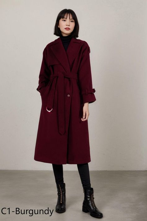 Maroon Coat Outfit, Trench Coat Plus Size, Burgundy Trench Coat, Wool Coat Outfit, Maroon Coat, Long Wool Coat Women, Burgundy Coat, Belted Wool Coat, Plus Size Coat