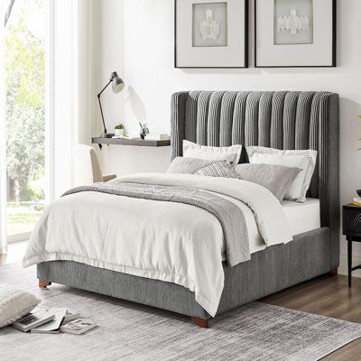 [Modern Design] Features modern silhouette, this bed frame is softened with vertical lines to bring your bedroom symmetry. Crisp lines, smooth contours & elegant wing back set elevated tone for glamorous design & comfort. Everly Quinn Size: Twin | Everly Quinn Modern Design Bed Frame Upholstered in Dark Grey | Twin | Wayfair Bedroom Symmetry, Upholstered Queen Bed Frame, White Queen Bed, Modern Upholstered Beds, Design Bed, Wingback Bed, Fabric Headboard, Wooden Headboard, Queen Bed Frame