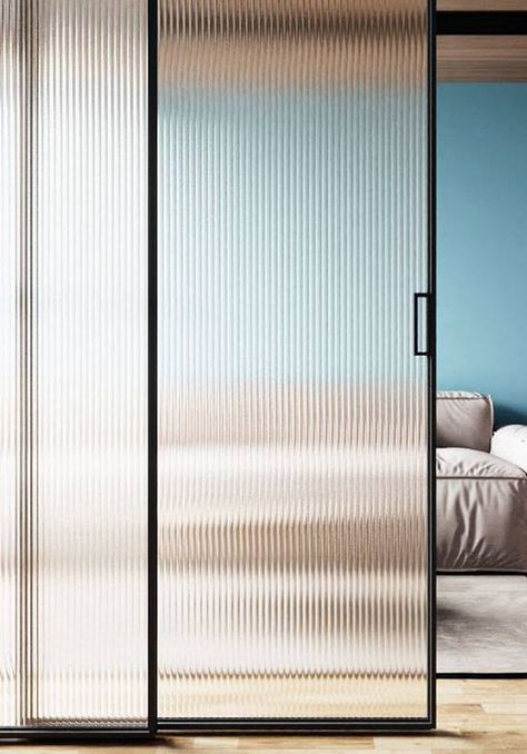 Fluted Glass Sliding Door, Reeded Glass Wall, Reeded Glass Door, Modern Sliding Glass Doors, Fluted Glass Door, Library Project, Glass Closet, Glass Room Divider, Slider Door