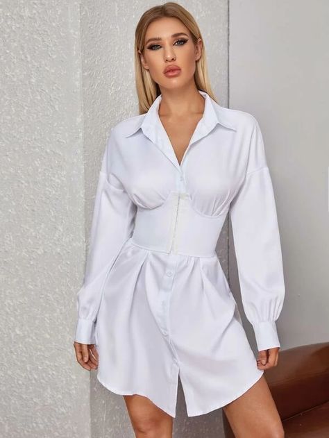 Button Front Corset Detail Shirt Dress | SHEIN USA Corset Over Shirt Outfits, Corset Over Shirt, Shirt Dress With Corset, White Tshirt Dress, Shirt Dress Pattern, Shirt Dress Outfit, Virtual Wardrobe, Shein Dress, Pretty Blouses