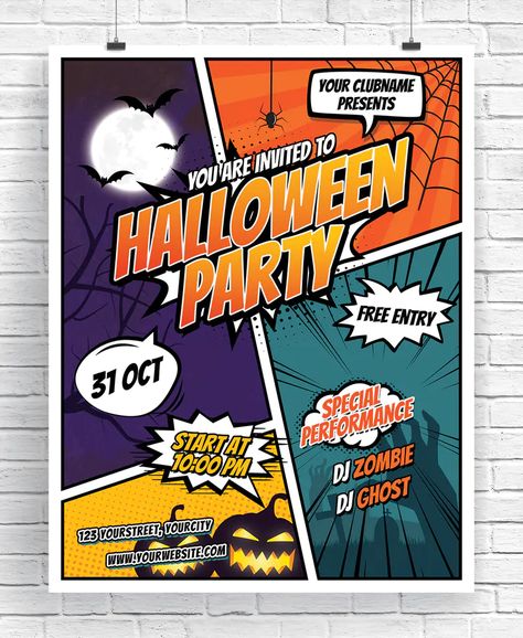 Comic Style Halloween Party Flyer PSD Template Comic Book Poster Design, Comic Inspired Poster, Comics Design Ideas, Comic Style Graphic Design, Halloween Comic Art, Comic Book Graphic Design, Comic Design Ideas, Halloween Pubmat, Comic Design Layout