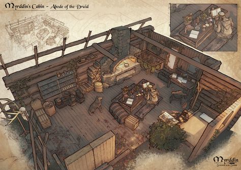 Fantasy Cabin Interior, Fantasy Cabin, Interior Concept Art, Dnd Homebrew, Minecraft Interior Design, Fantasy Rooms, Forest Cabin, Cabin Art, Medieval Houses