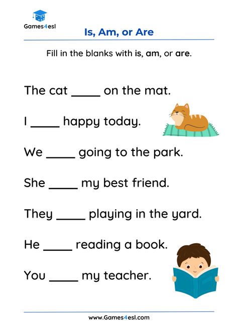 Young learners often find it challenging to use the correct form of the verb ‘to be’. These worksheets are all designed to help students practice using is, am, and are. To complete the worksheets, students must fill in the blanks with the correct ‘be verb’ to complete the sentences. As always, these are free to use in your lessons. Use Of Is Am Are Worksheet, Verb To Be Worksheets For Kids, Is And Are Worksheets, Am Is Are Worksheets, Is Am Are Worksheets, Verb To Be Worksheets, Be Verbs, Class Worksheets, Verbs Worksheet