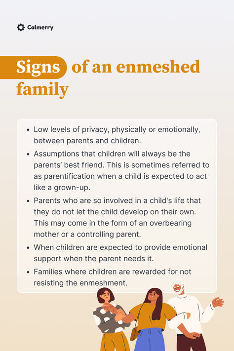 Signs of an enmeshed family
Low levels of privacy, physically or emotionally, between parents and children.
Assumptions that children will always be the parents’ best friend. This is sometimes referred to as parentification when a child is expected to act like a grown-up.
Parents who are so involved in a child's life that they do not let the child develop on their own. This may come in the form of an overbearing mother or a controlling parent. Enmeshed Family Boundaries, Family Enmeshment, Enmeshed Family, Boundaries Family, Boundaries With Family, Lack Of Boundaries, Counselling Resources, Healthy Friendships, Family Of Origin