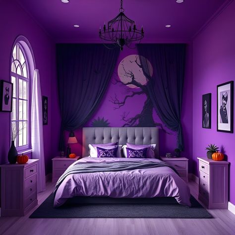 Halloween bedroom decor, purple bedroom, spooky bedroom, Halloween home decor, gothic bedroom, interior design ideas, home decor inspiration, Halloween party decor. Moon Bedroom, Black Canopy Bed, Tree Wall Mural, Mansion Bedroom, Midnight Moon, Tree Wall Murals, Purple Bedroom, Spooky Trees, Wholesale Home Decor