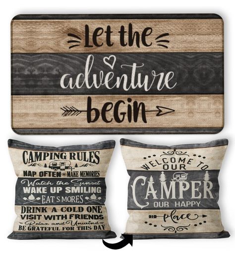 PRICES MAY VARY. 【Size】:Each set contains one door mat 17’’X30’’ and one decorative throw pillow cover 18’’X18’’ with no Filler or Insert.With a hidden zipper,it’s easy to put your insert in the pillow case and get a beautiful over appearance. 【High-Quality Material】:Throw pillow cover is made of high quality linen while door mat is made of latest non-slip recycled rubber and topped with polyester felt.It has high-quality construction. 【Nice Home Decor】:Exclusive and beautiful designs make a sty Camper Rugs, Rug Form, Camper Decorations, Gifts For Rv Owners, Rv Door, Camping Rules, Happy Drink, Adventure Campers, Log Cabin Decor