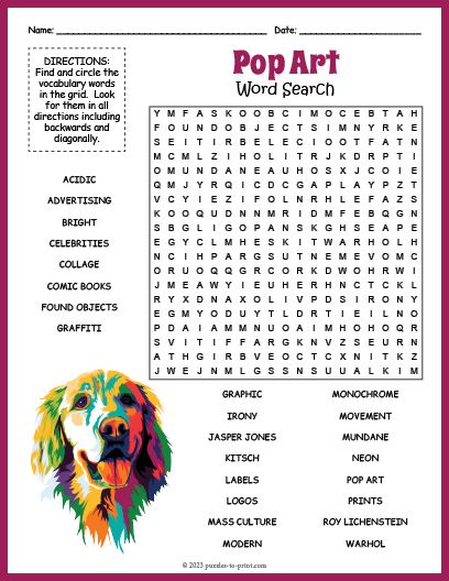 Pop Art Worksheets Free Printable, Pop Art Worksheet, Art Word Search, German Expressionism Art, Pop Art Party, Teacher Tricks, Kids Word Search, Puzzle Worksheet, Trip Games